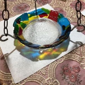 Fused glass handmade birdbath with hanging base with three two ft chains.